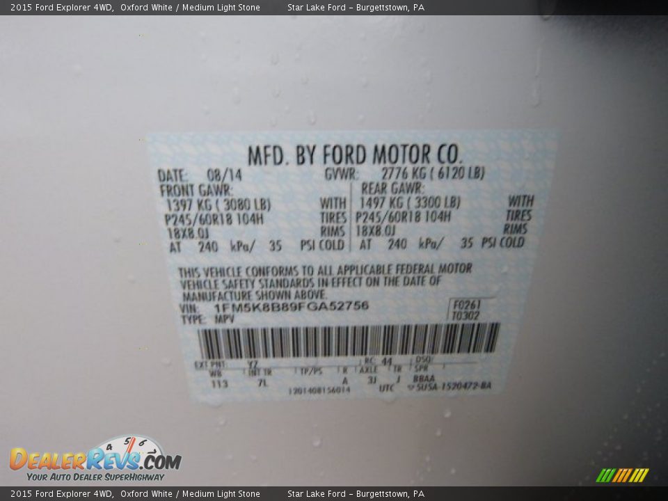 2015 Ford Explorer 4WD Oxford White / Medium Light Stone Photo #20