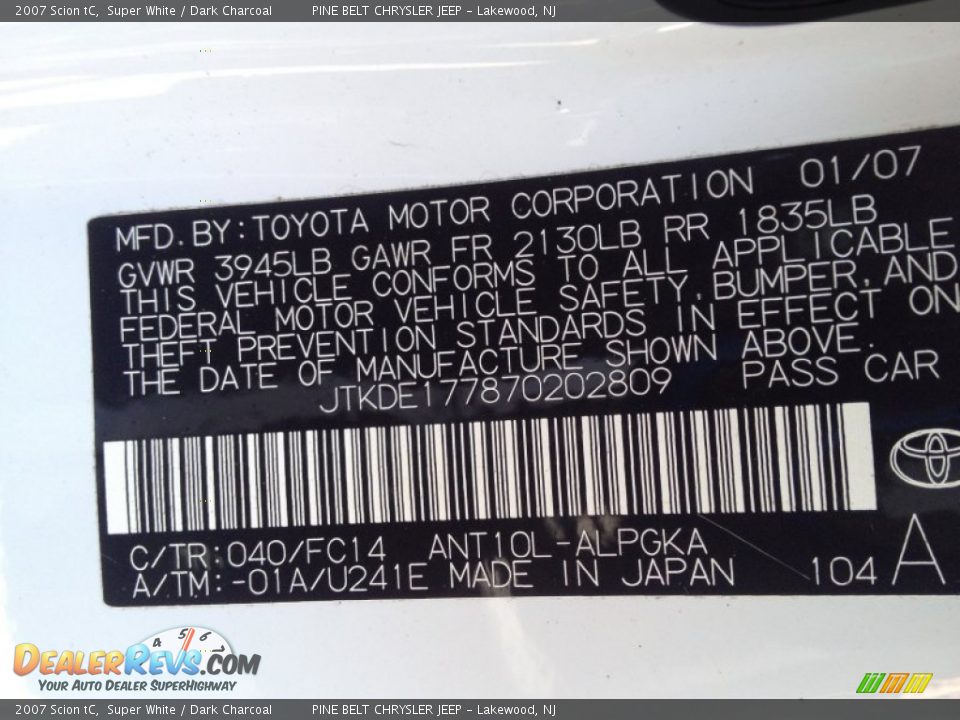 2007 Scion tC Super White / Dark Charcoal Photo #14