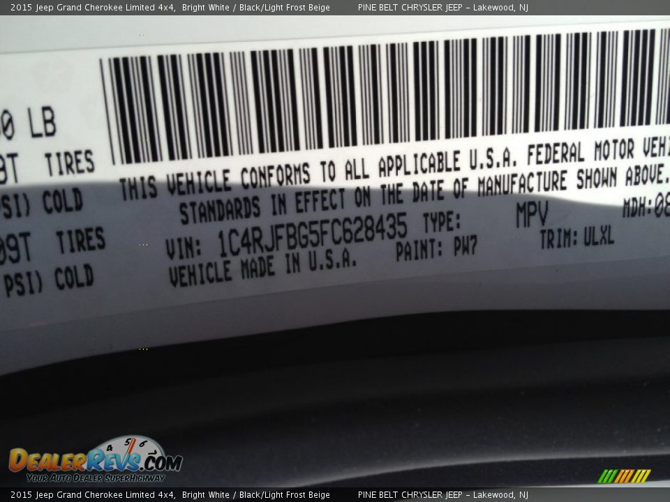 2015 Jeep Grand Cherokee Limited 4x4 Bright White / Black/Light Frost Beige Photo #9