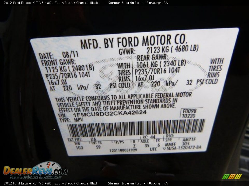 2012 Ford Escape XLT V6 4WD Ebony Black / Charcoal Black Photo #14
