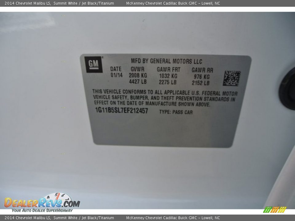 2014 Chevrolet Malibu LS Summit White / Jet Black/Titanium Photo #7