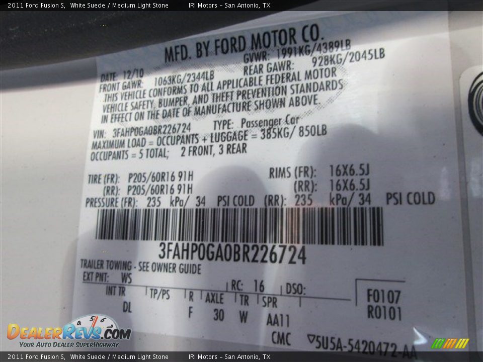 2011 Ford Fusion S White Suede / Medium Light Stone Photo #13