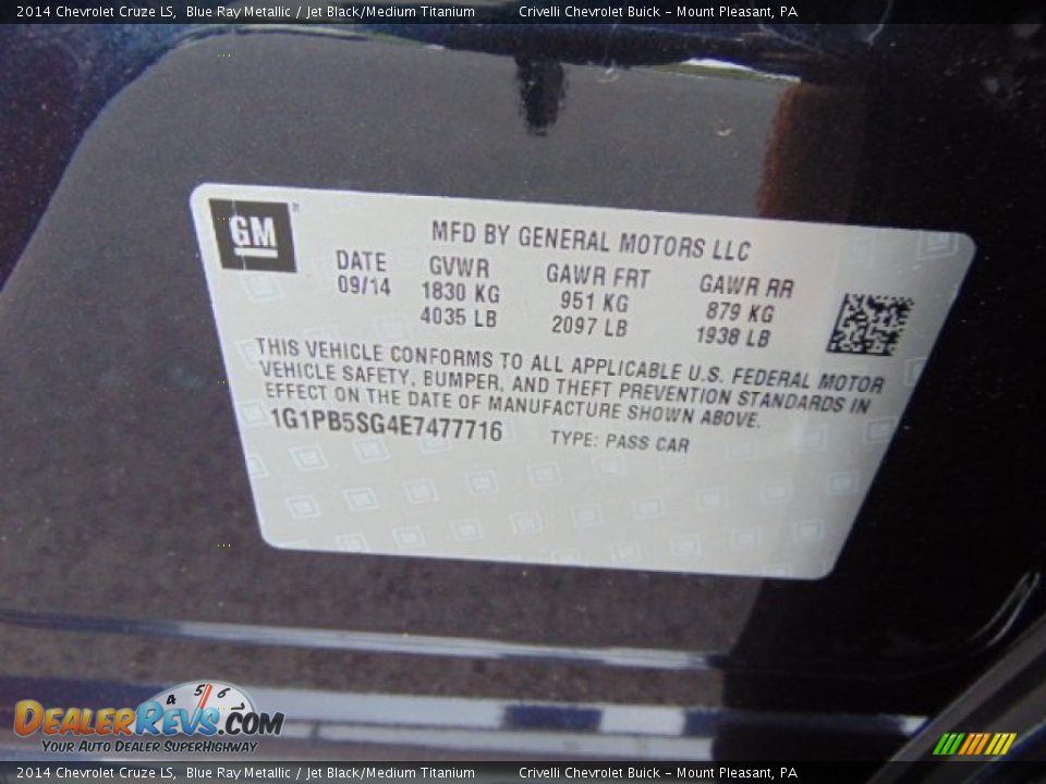 2014 Chevrolet Cruze LS Blue Ray Metallic / Jet Black/Medium Titanium Photo #15