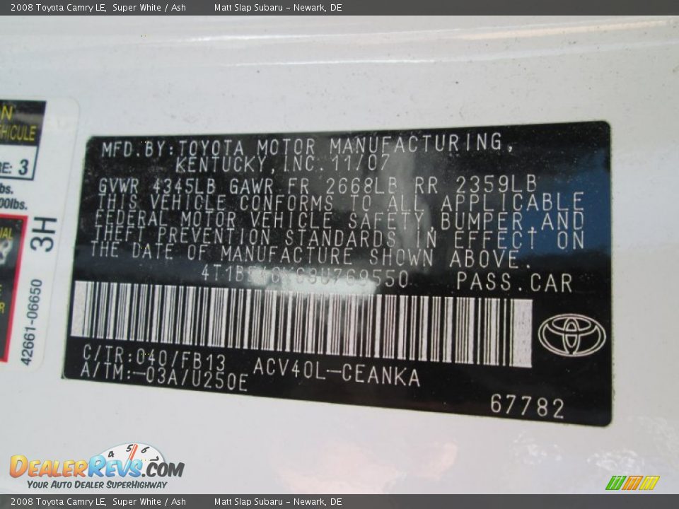 2008 Toyota Camry LE Super White / Ash Photo #28