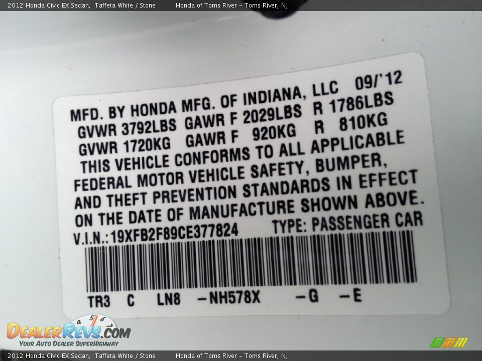 2012 Honda Civic EX Sedan Taffeta White / Stone Photo #16