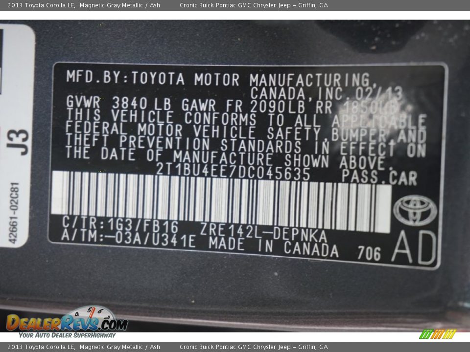2013 Toyota Corolla LE Magnetic Gray Metallic / Ash Photo #25