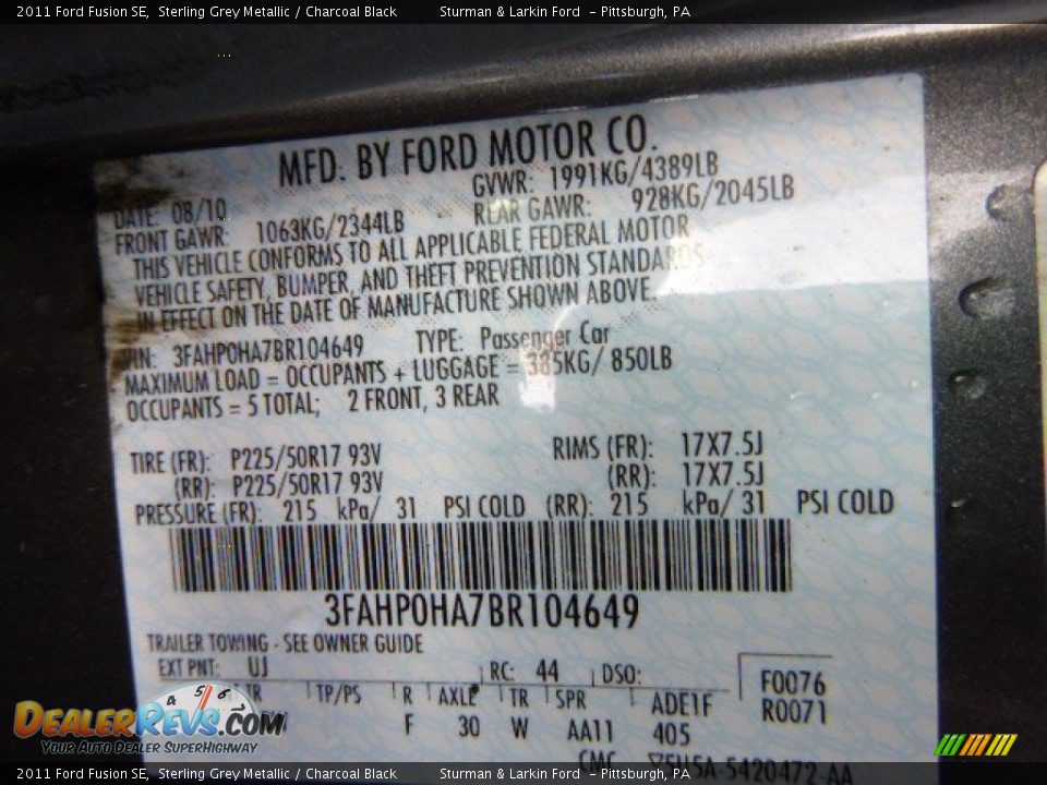 2011 Ford Fusion SE Sterling Grey Metallic / Charcoal Black Photo #14