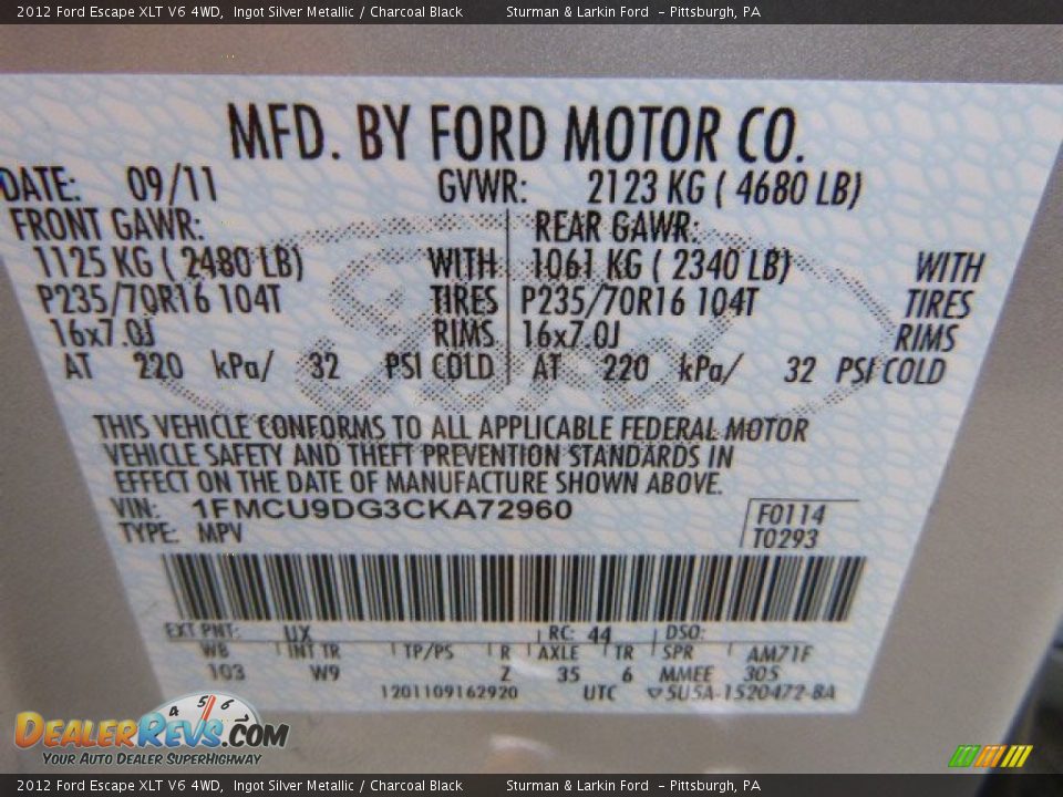 2012 Ford Escape XLT V6 4WD Ingot Silver Metallic / Charcoal Black Photo #14