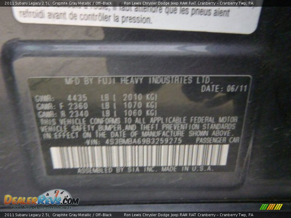 2011 Subaru Legacy 2.5i Graphite Gray Metallic / Off-Black Photo #19