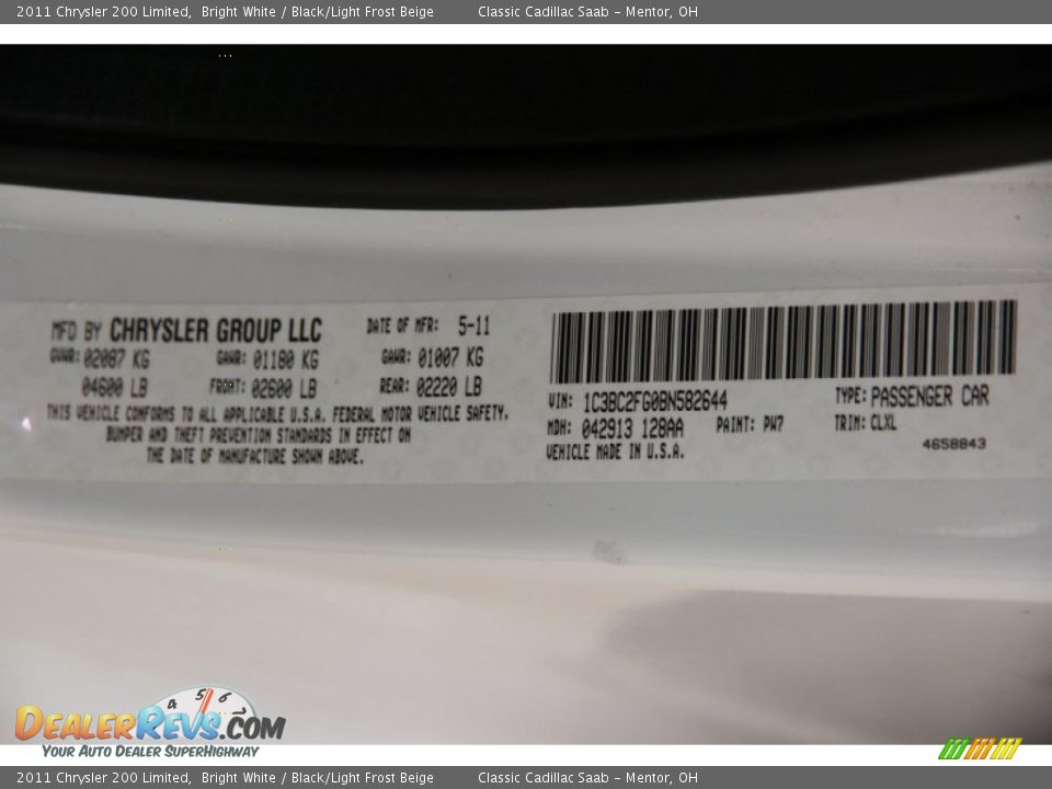 2011 Chrysler 200 Limited Bright White / Black/Light Frost Beige Photo #21