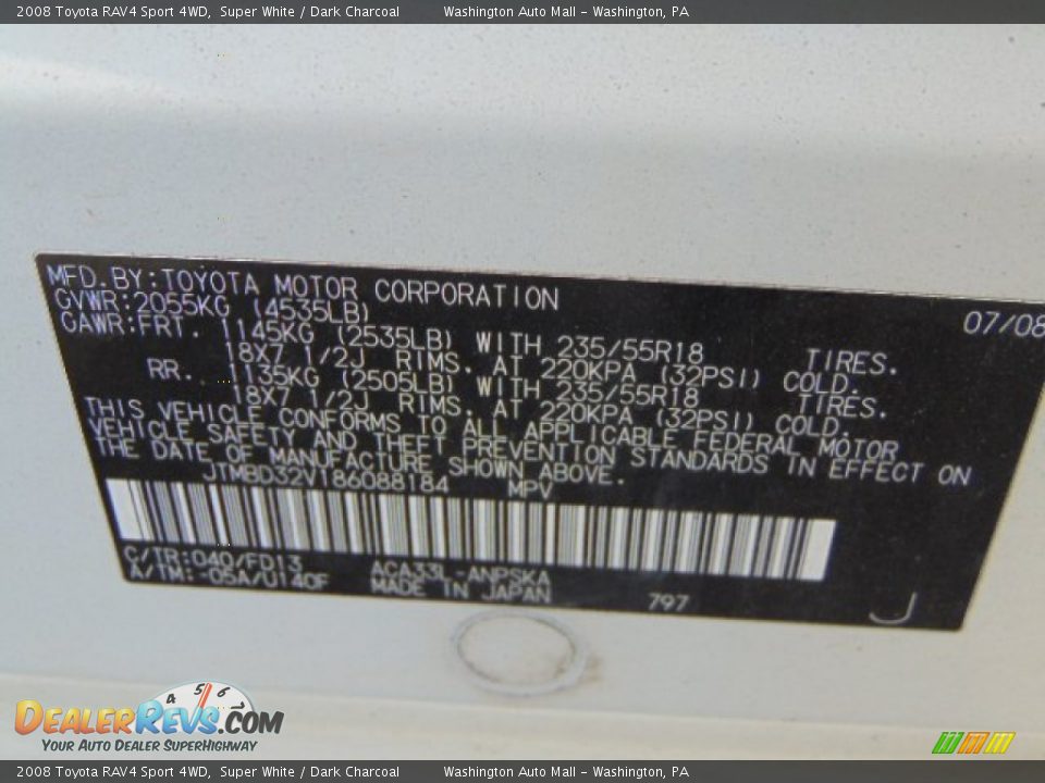2008 Toyota RAV4 Sport 4WD Super White / Dark Charcoal Photo #19