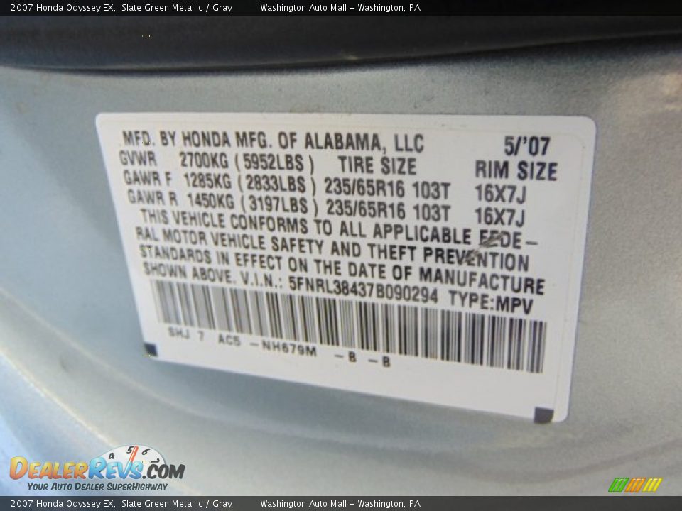2007 Honda Odyssey EX Slate Green Metallic / Gray Photo #19