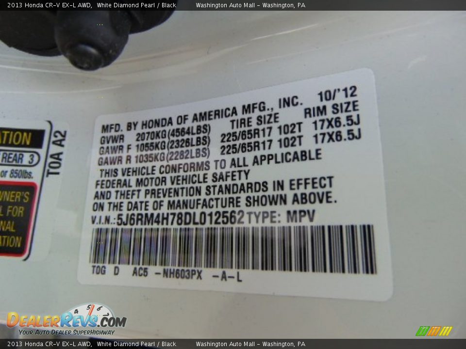 2013 Honda CR-V EX-L AWD White Diamond Pearl / Black Photo #19