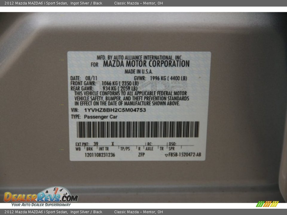 2012 Mazda MAZDA6 i Sport Sedan Ingot Silver / Black Photo #16