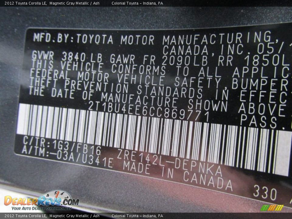 2012 Toyota Corolla LE Magnetic Gray Metallic / Ash Photo #19