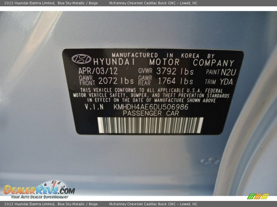 2013 Hyundai Elantra Limited Blue Sky Metallic / Beige Photo #7