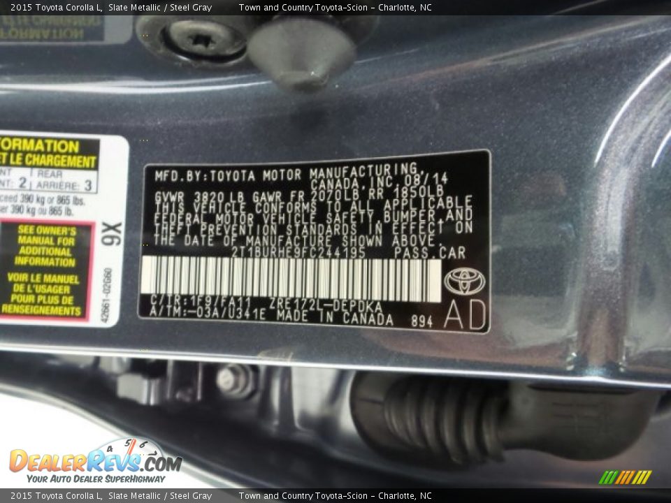 2015 Toyota Corolla L Slate Metallic / Steel Gray Photo #30