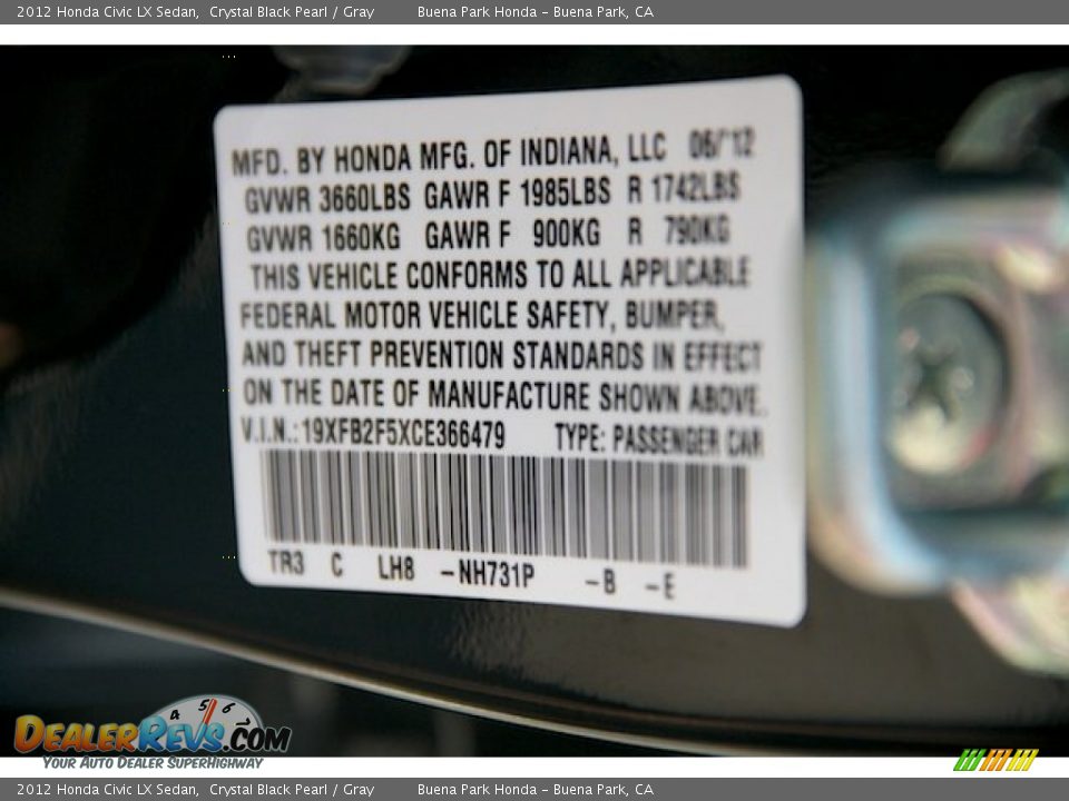 2012 Honda Civic LX Sedan Crystal Black Pearl / Gray Photo #33