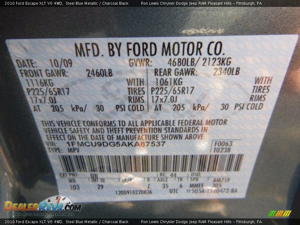 2010 Ford Escape XLT V6 4WD Steel Blue Metallic / Charcoal Black Photo #19