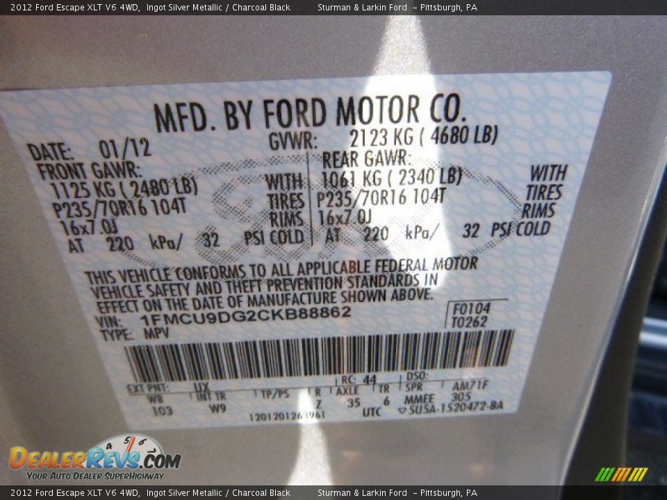 2012 Ford Escape XLT V6 4WD Ingot Silver Metallic / Charcoal Black Photo #14