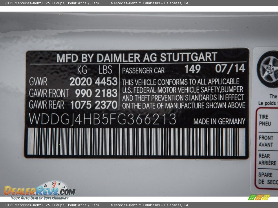 2015 Mercedes-Benz C 250 Coupe Polar White / Black Photo #7