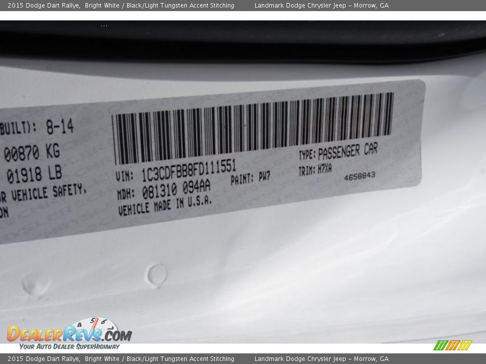 2015 Dodge Dart Rallye Bright White / Black/Light Tungsten Accent Stitching Photo #10