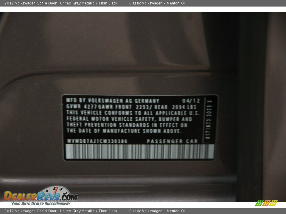 2012 Volkswagen Golf 4 Door United Gray Metallic / Titan Black Photo #19