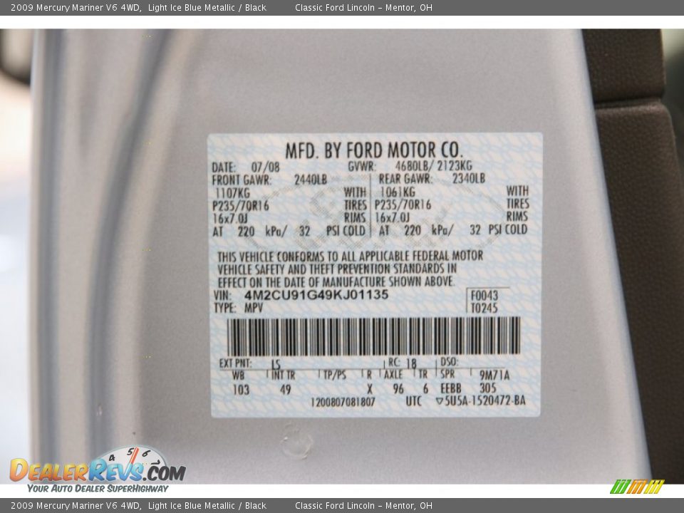 2009 Mercury Mariner V6 4WD Light Ice Blue Metallic / Black Photo #17