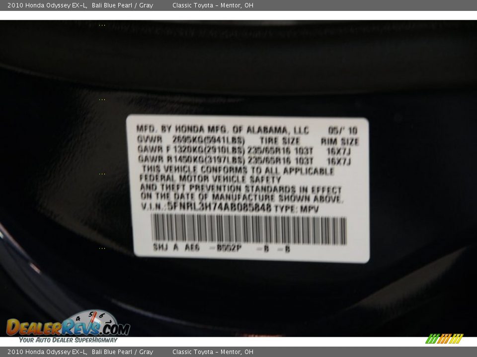 2010 Honda Odyssey EX-L Bali Blue Pearl / Gray Photo #23