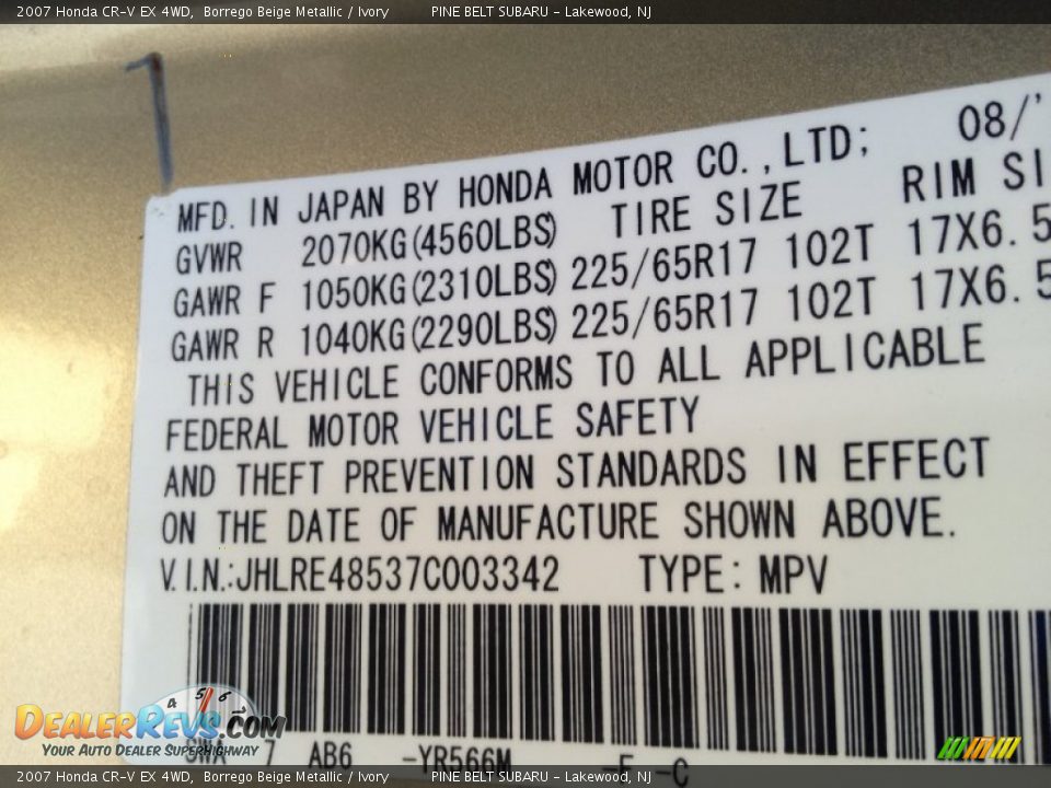 2007 Honda CR-V EX 4WD Borrego Beige Metallic / Ivory Photo #19