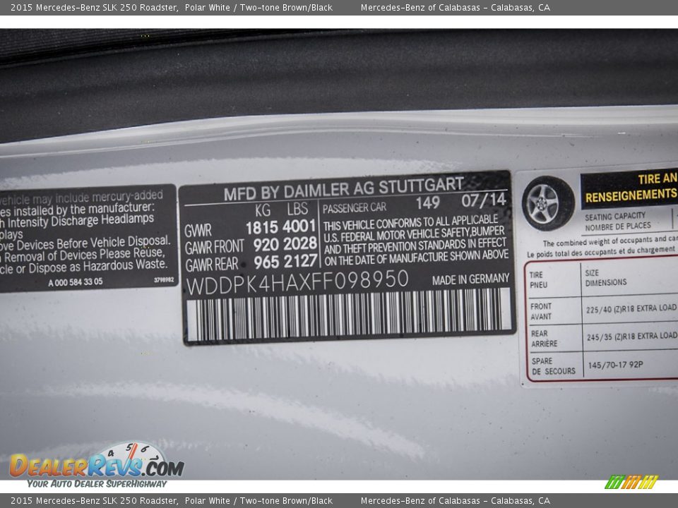 2015 Mercedes-Benz SLK 250 Roadster Polar White / Two-tone Brown/Black Photo #7