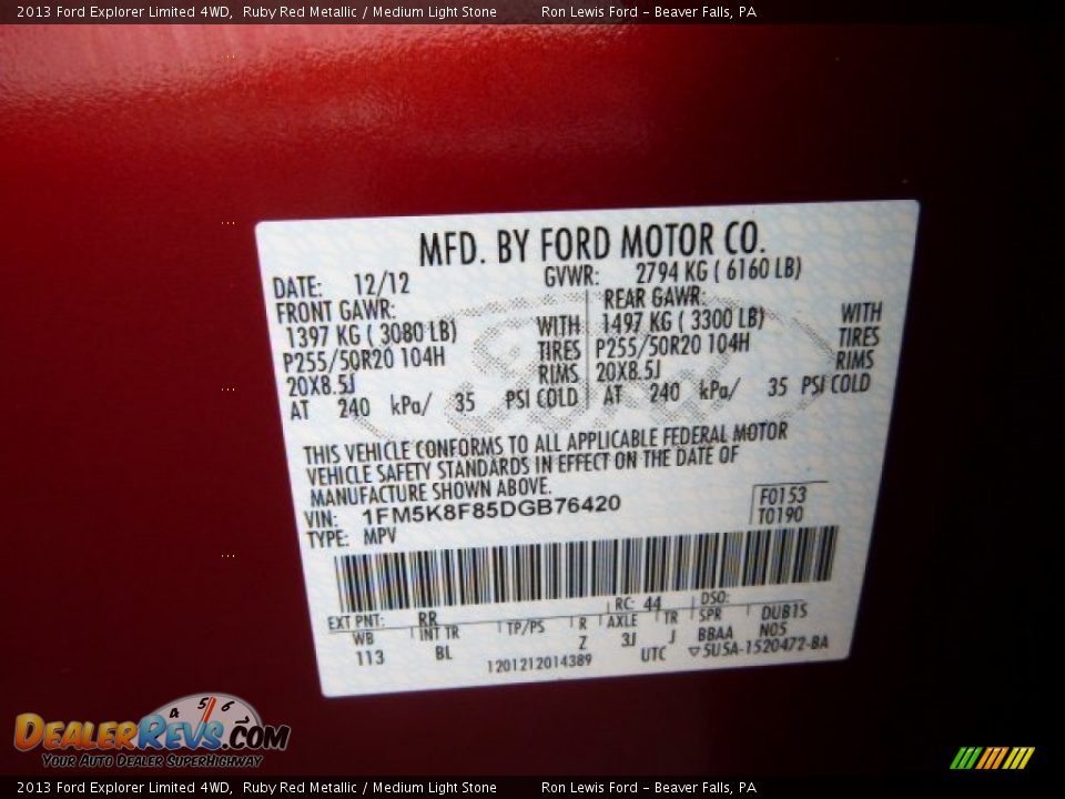 2013 Ford Explorer Limited 4WD Ruby Red Metallic / Medium Light Stone Photo #20