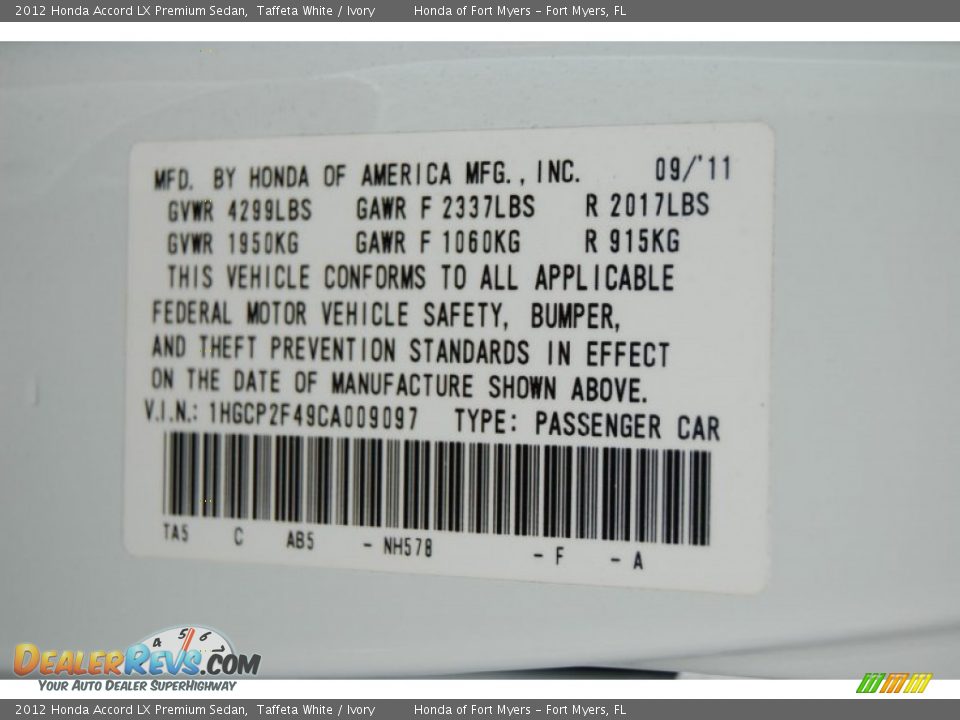 2012 Honda Accord LX Premium Sedan Taffeta White / Ivory Photo #36