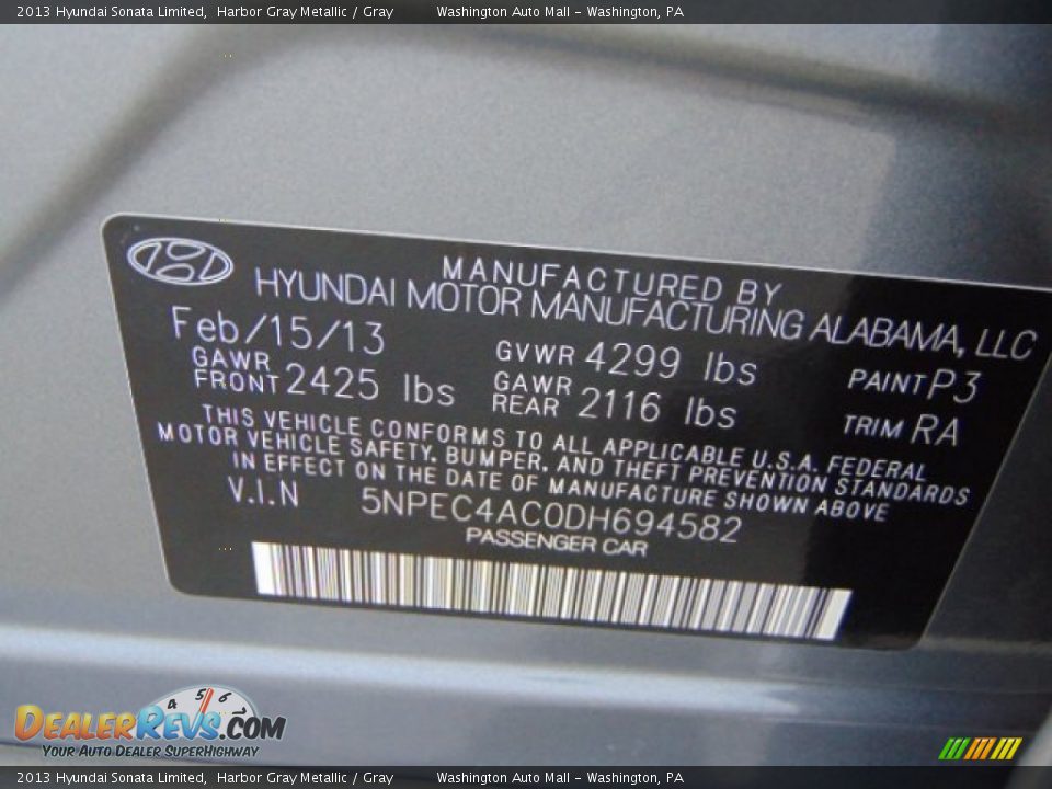 2013 Hyundai Sonata Limited Harbor Gray Metallic / Gray Photo #19