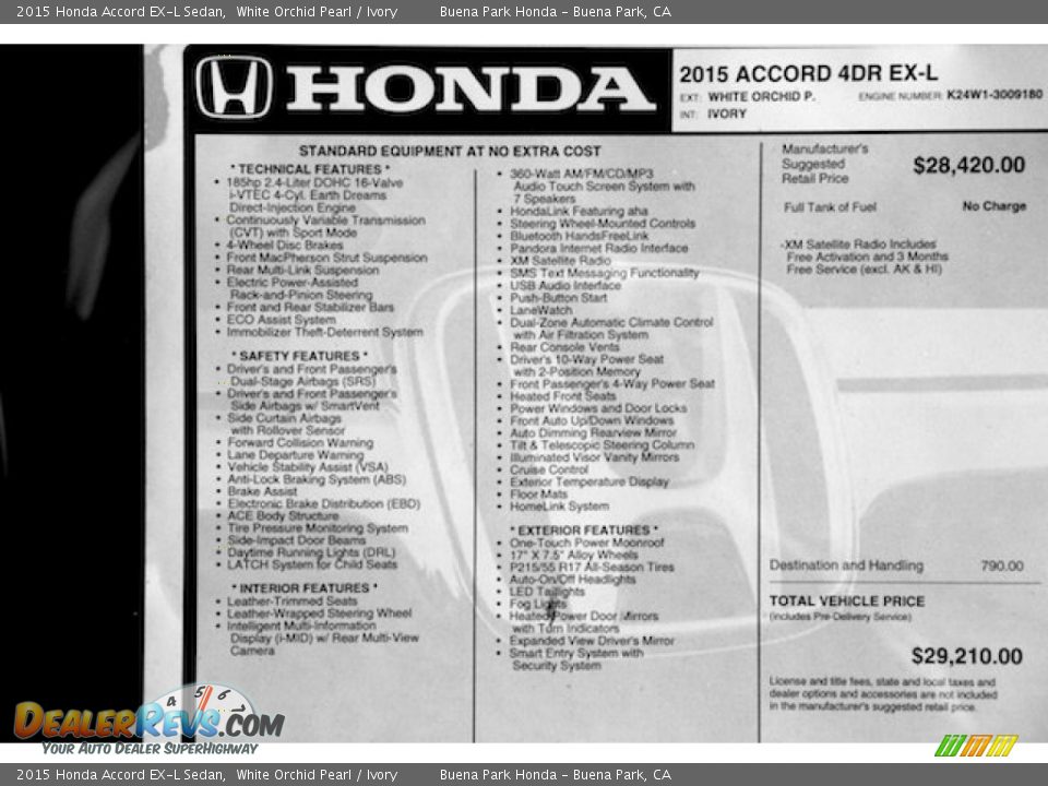 2015 Honda Accord EX-L Sedan White Orchid Pearl / Ivory Photo #20