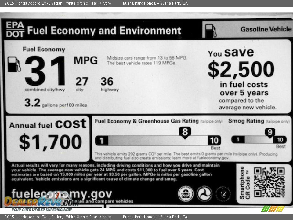 2015 Honda Accord EX-L Sedan White Orchid Pearl / Ivory Photo #21