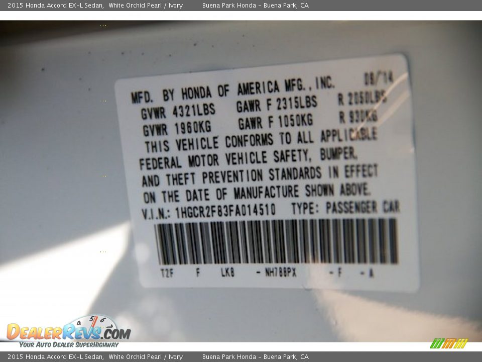 2015 Honda Accord EX-L Sedan White Orchid Pearl / Ivory Photo #22