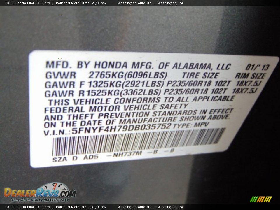2013 Honda Pilot EX-L 4WD Polished Metal Metallic / Gray Photo #19