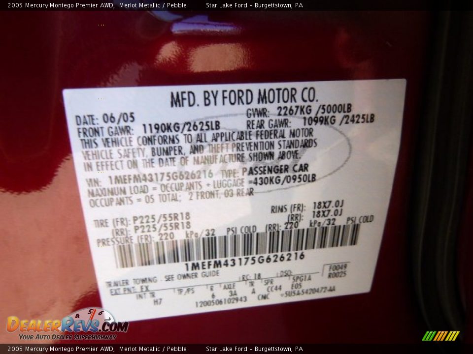 2005 Mercury Montego Premier AWD Merlot Metallic / Pebble Photo #20