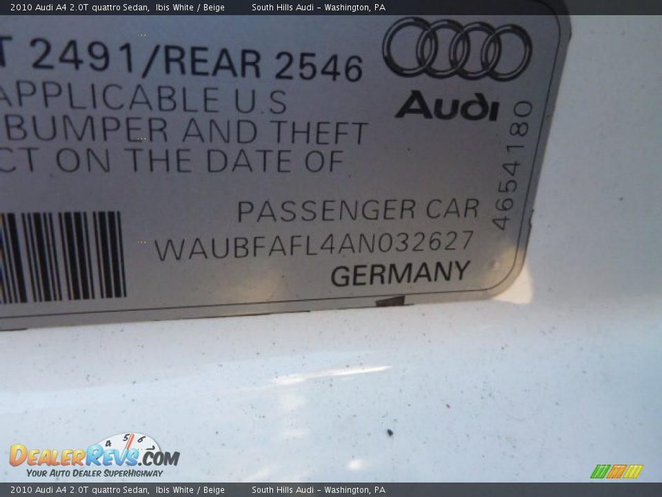 2010 Audi A4 2.0T quattro Sedan Ibis White / Beige Photo #14