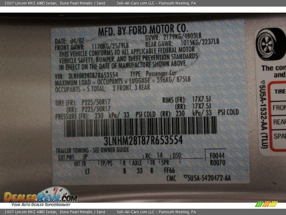 2007 Lincoln MKZ AWD Sedan Dune Pearl Metallic / Sand Photo #15