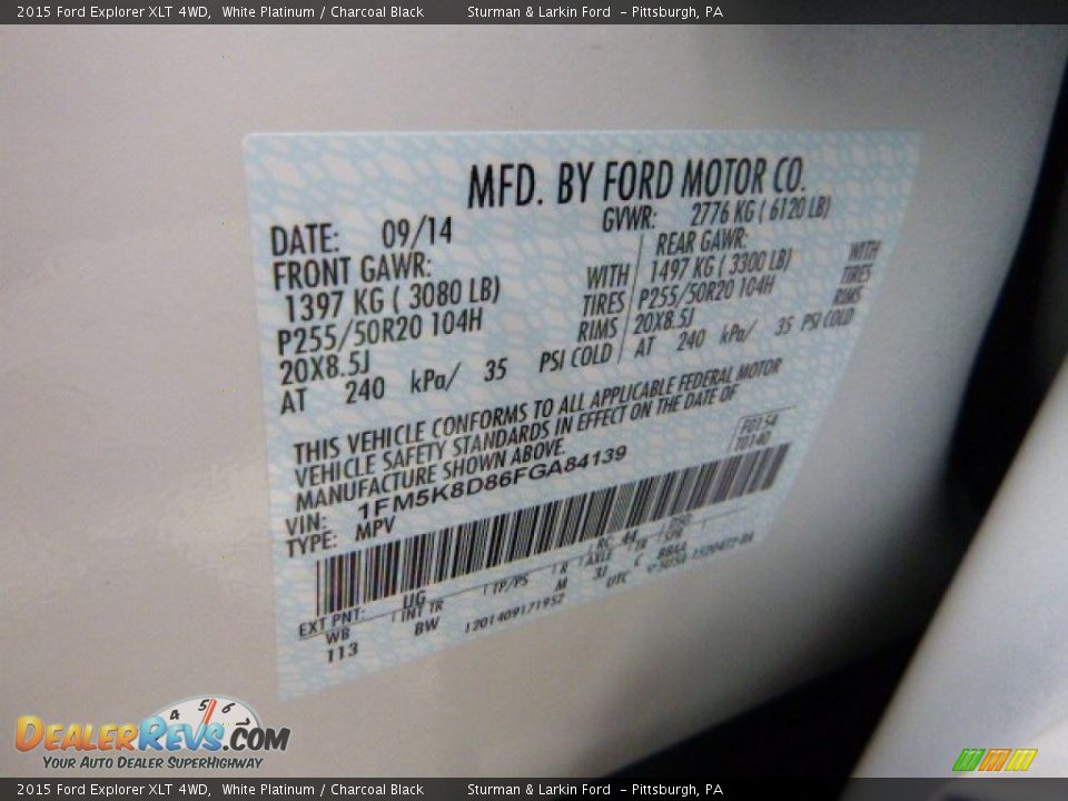 2015 Ford Explorer XLT 4WD White Platinum / Charcoal Black Photo #13