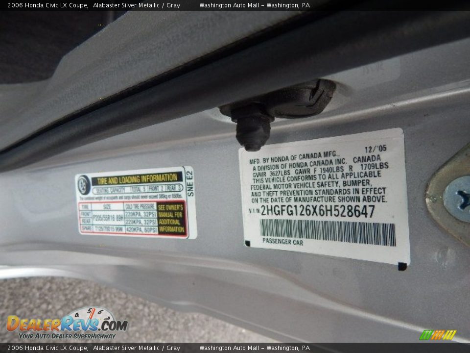 2006 Honda Civic LX Coupe Alabaster Silver Metallic / Gray Photo #19
