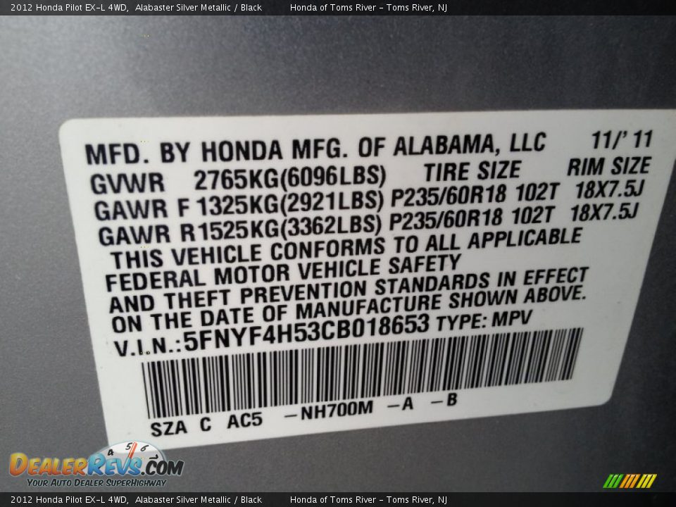 2012 Honda Pilot EX-L 4WD Alabaster Silver Metallic / Black Photo #18