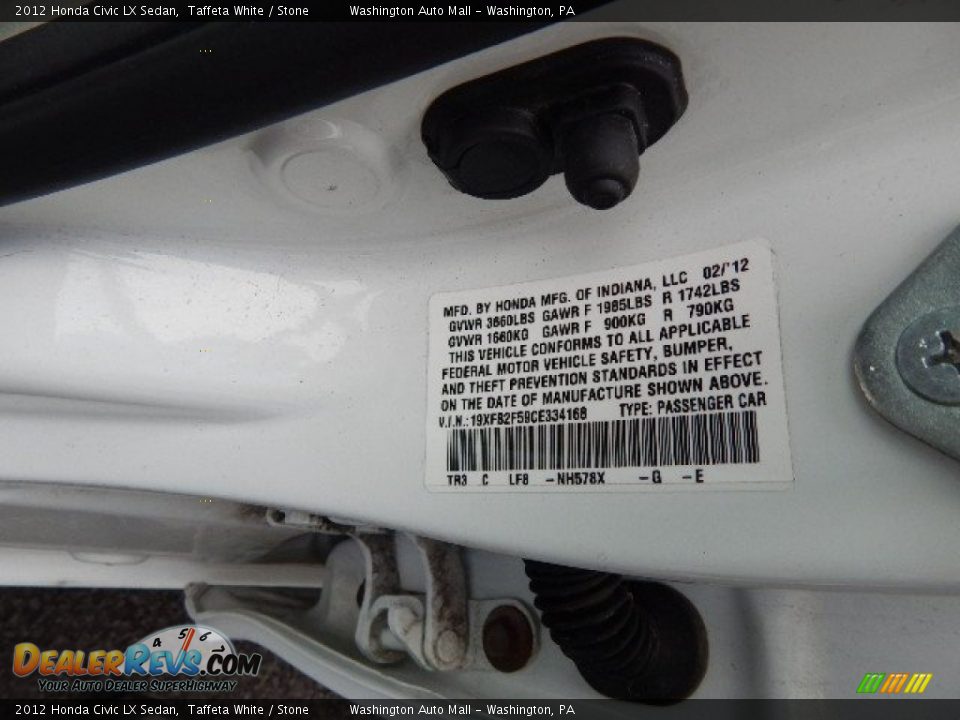 2012 Honda Civic LX Sedan Taffeta White / Stone Photo #19