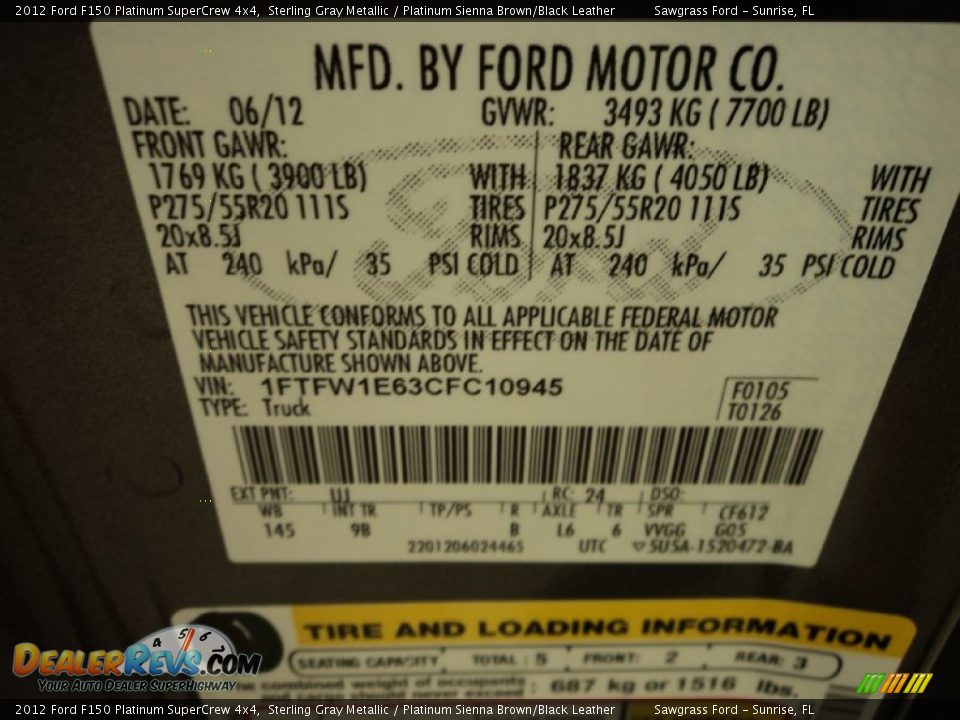 2012 Ford F150 Platinum SuperCrew 4x4 Sterling Gray Metallic / Platinum Sienna Brown/Black Leather Photo #33
