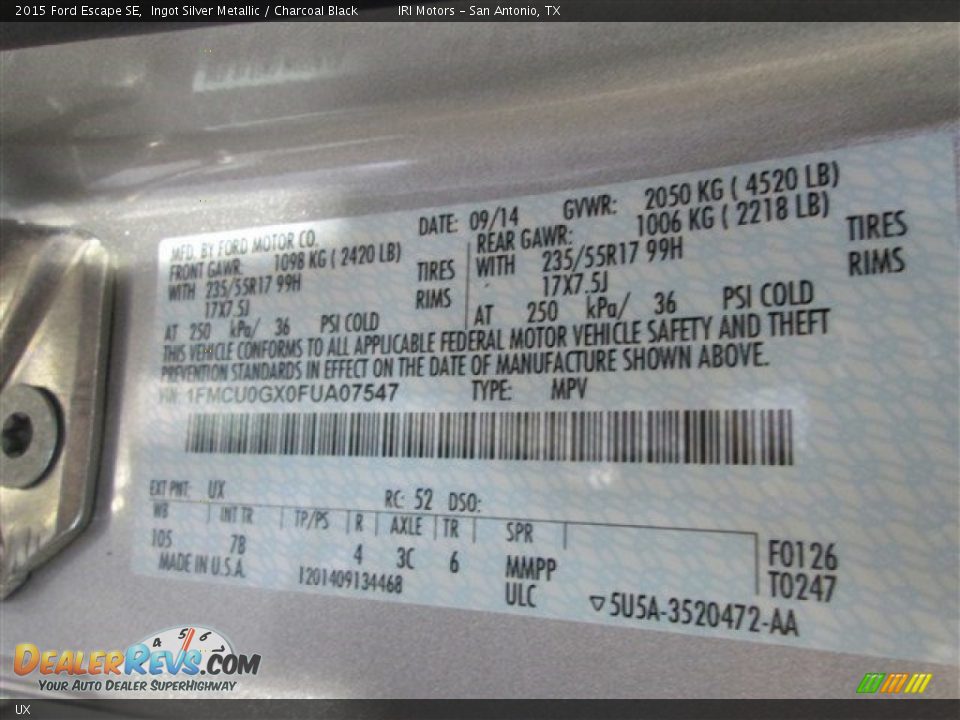 Ford Color Code UX Ingot Silver Metallic
