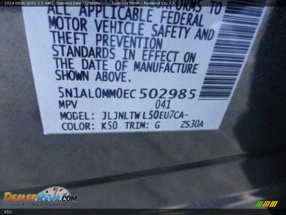 Infiniti Color Code K50 Diamond Slate