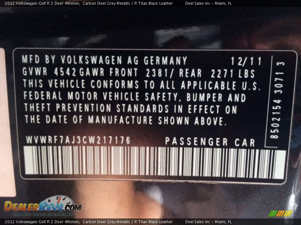 2012 Volkswagen Golf R 2 Door 4Motion Carbon Steel Grey Metallic / R Titan Black Leather Photo #15