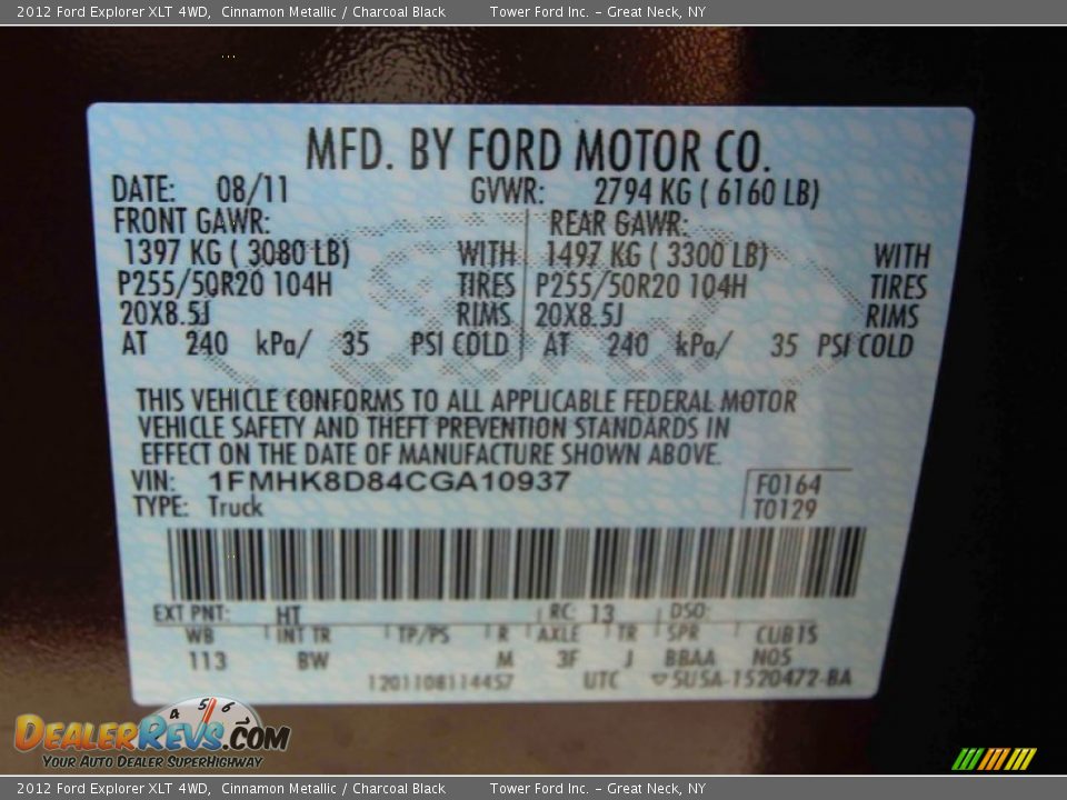 2012 Ford Explorer XLT 4WD Cinnamon Metallic / Charcoal Black Photo #36